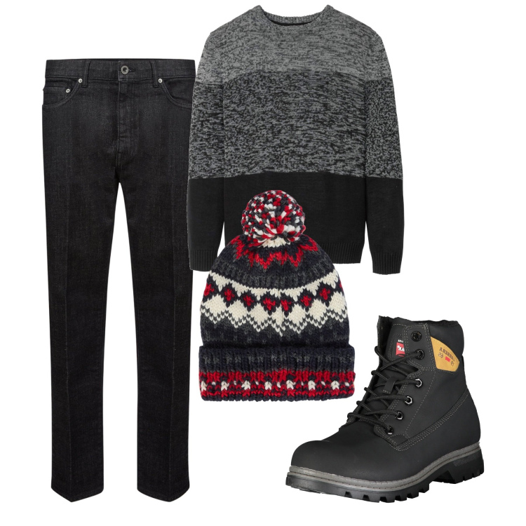 Outfit uomo - Quasi total black. Stile Urban per Tutti i giorni. Abbinamento con maglieria, berretti, jeans, stivali.