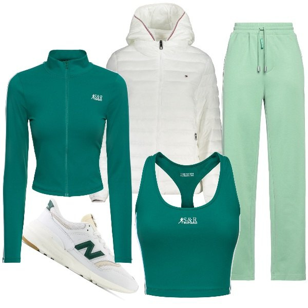 Outfit donna - Confort fit palestra. Stile Sporty chic per Sport. Abbinamento con pantaloni sportivi, scarpe sportive, blazer, top sportivi, giacche sportive.