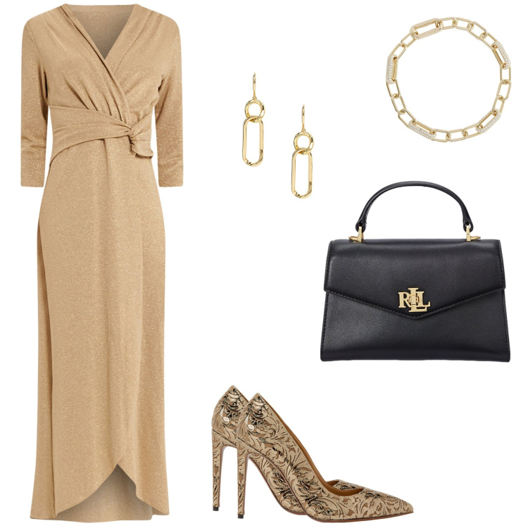 Outfit donna - Cerimonia speciale. Stile Glamour per Cerimonia. look ideale per Petite. Abbinamento con braccialetti, vestiti lunghi, borse a mano, décolleté, orecchini.