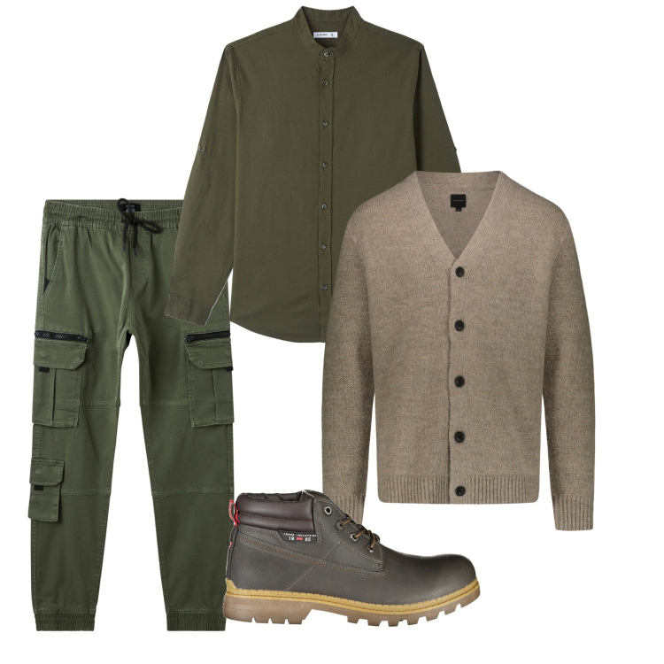 Outfit uomo - Urban green. Stile Urban per Tutti i giorni. Abbinamento con camicie, pantaloni cargo, cardigans, stivali.