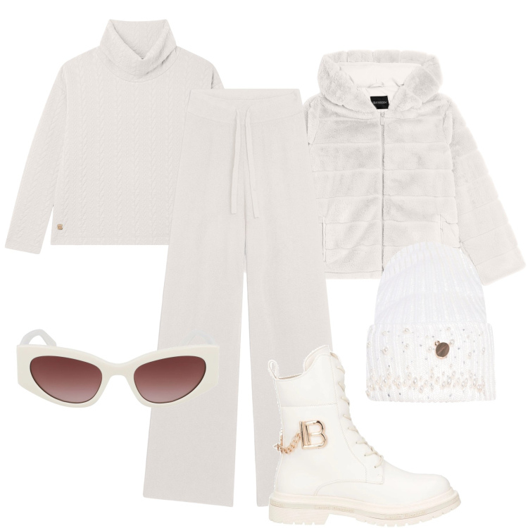 Outfit donna - Città bianco totale. Stile Casual per Tutti i giorni. Abbinamento con anfibi, berretti, pantaloni, blazer, maglieria, occhiali da sole.