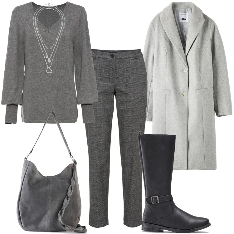Outfit donna - Giornata lavorativa. Stile Casual per Ufficio. Abbinamento con stivali, collane, pantaloni, borse a mano, maglieria, cappotti.