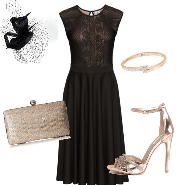 Outfit donna - Bon Ton #13771. Stile Bon Ton per Cerimonia. Abbinamento con vestiti, sandali, cerchietto con fiocco e paillettes nero, bracciale in oro rosa rigido bianco, pochette.