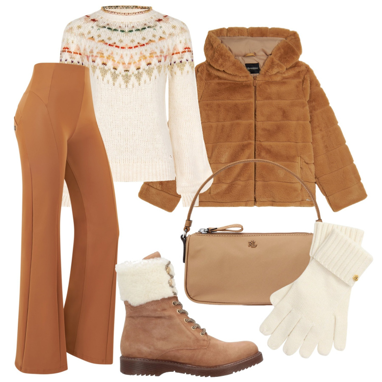 Outfit donna - Domenica in montagna. Stile Casual per Tutti i giorni. Abbinamento con stivaletti, maglieria, pantaloni, blazer, pochette, guanti.