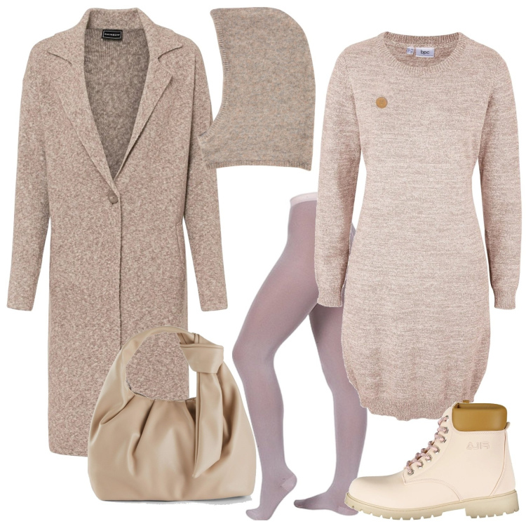 Outfit donna - Total look #2010102. Stile Casual per Tutti i giorni. Abbinamento con cappotti, borse a mano, vestiti, collant, stivali, sciarpe.