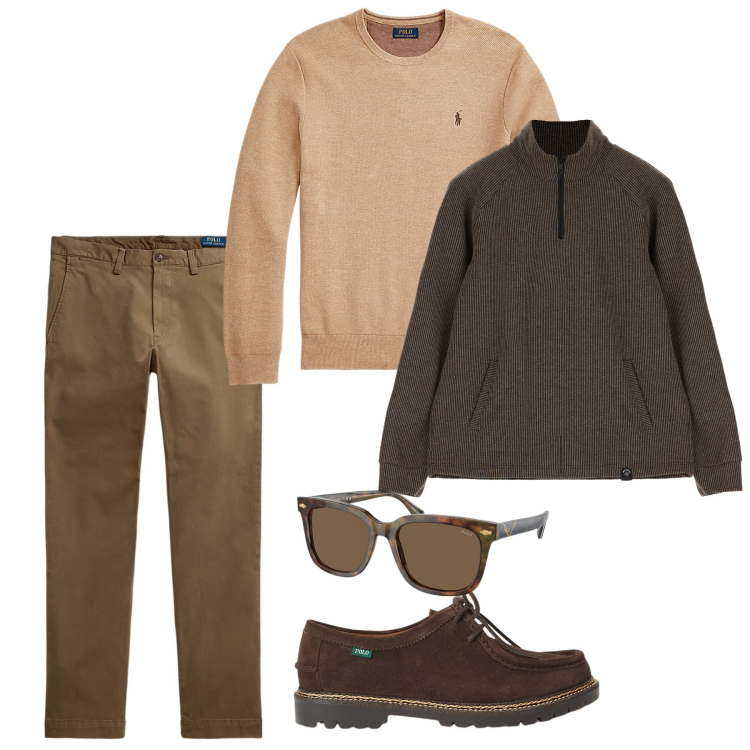 Outfit uomo - Tonalità calde. Stile Casual per Tutti i giorni. Abbinamento con felpe, maglieria, pantaloni, occhiali da sole, scarpe stringate.