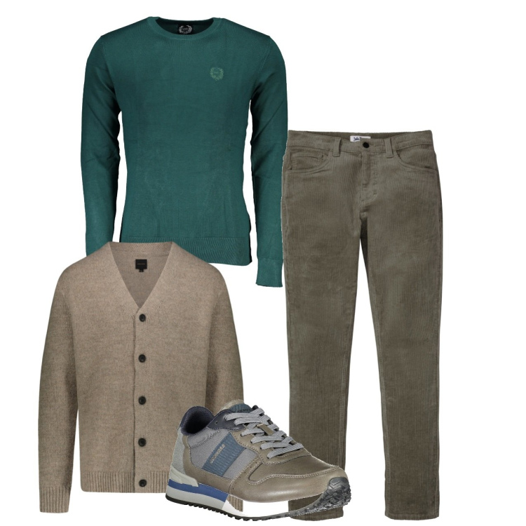 Outfit uomo - Smeraldo e muschio. Stile Casual per Tutti i giorni. Abbinamento con pantaloni, cardigans, sneakers, maglieria.
