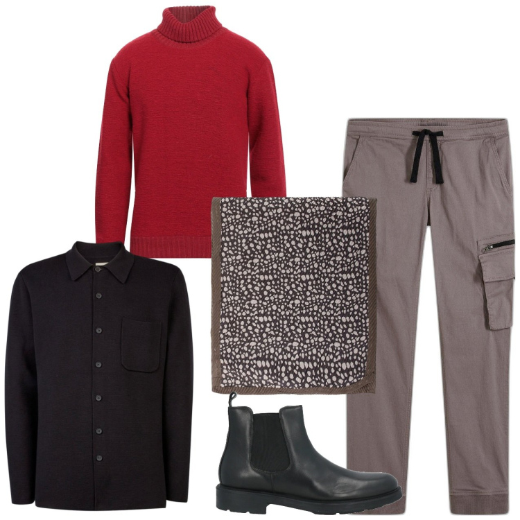 Outfit uomo - Rosso natalizio. Stile Casual per Tutti i giorni. Abbinamento con pantaloni cargo, stivali e stivaletti, maglieria, sciarpe e foulard, cappotti.