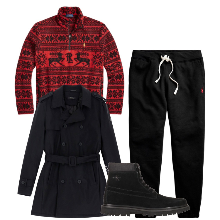 Outfit uomo - Feste. Stile Urban per Tutti i giorni. Abbinamento con stivali e stivaletti, trench, pantaloni, pullovers.