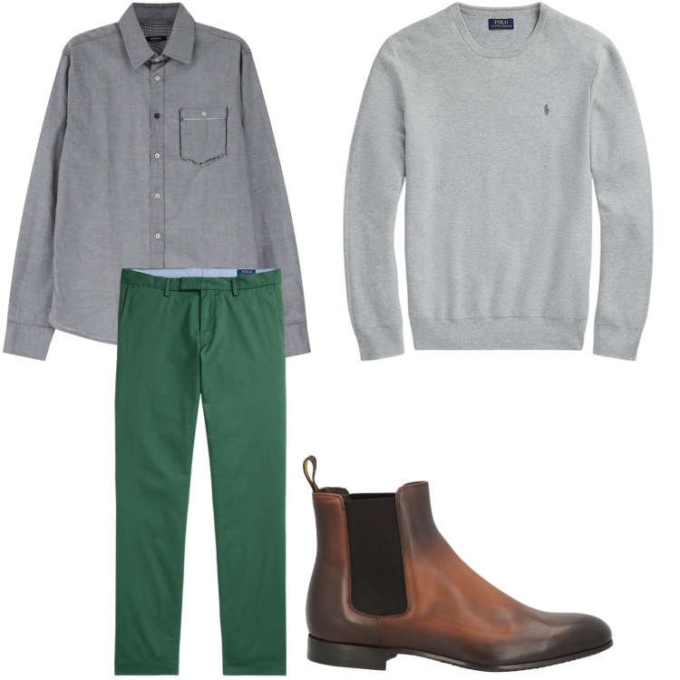 Outfit uomo - Look green. Stile Trendy per Tutti i giorni. Abbinamento con stivali e stivaletti, camicie, maglieria, pantaloni.