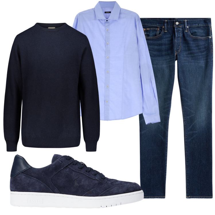 Outfit uomo - Total blu. Stile Casual per Tutti i giorni. Abbinamento con camicie, maglieria, jeans, sneakers.