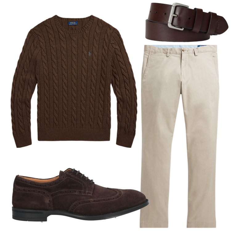 Outfit uomo - Tonalita’ di marrone. Stile Casual per Ufficio. Abbinamento con scarpe stringate, pantaloni, cinture, maglieria.