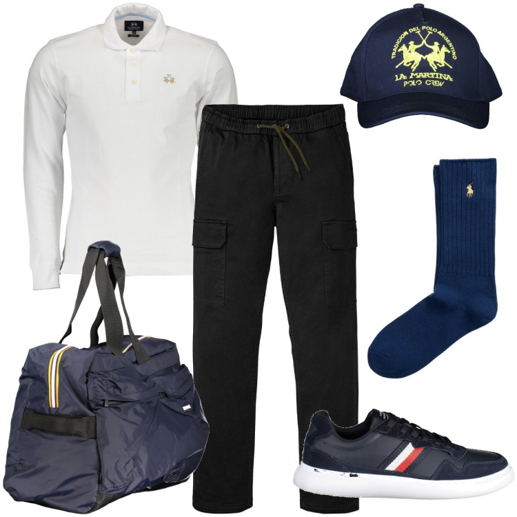 Outfit uomo - Il borsone sportivo. Stile Casual per Sport. Abbinamento con pantaloni cargo, calzini, borse sportive, polo, cappelli con visiera, sneakers.
