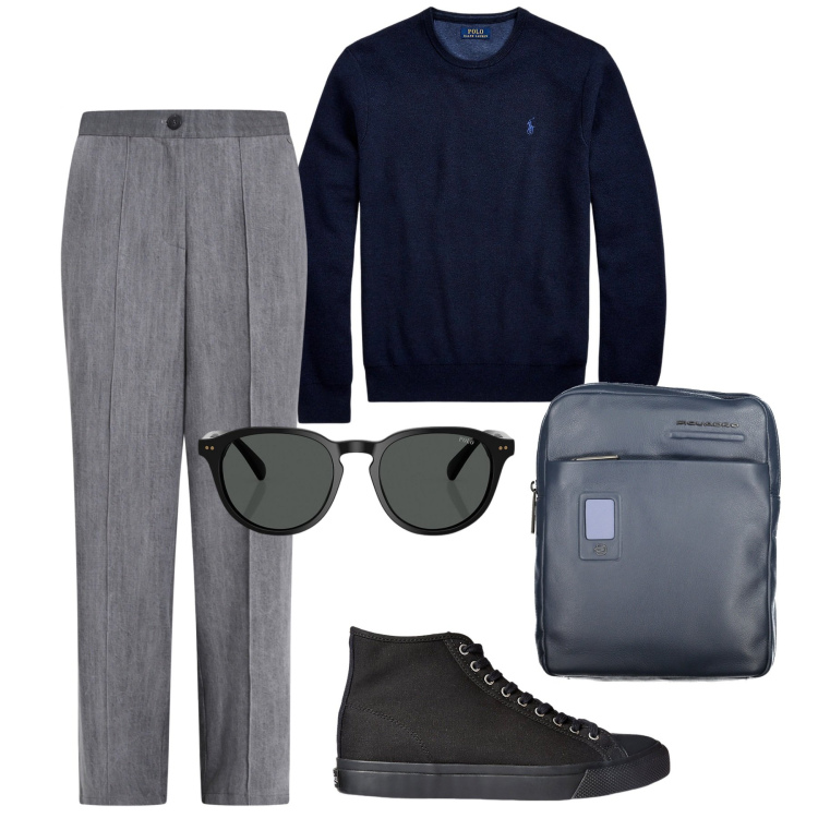 Outfit uomo - Mix. Stile Casual per Tutti i giorni. Abbinamento con pantaloni, maglieria, sneakers, occhiali da sole, portafogli.
