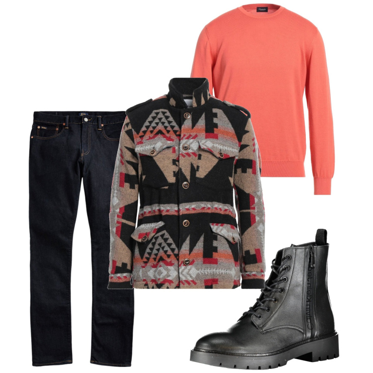 Outfit uomo - Vagamente etnico. Stile Trendy per Tutti i giorni. Abbinamento con cappotti, pullovers, jeans, stivali.