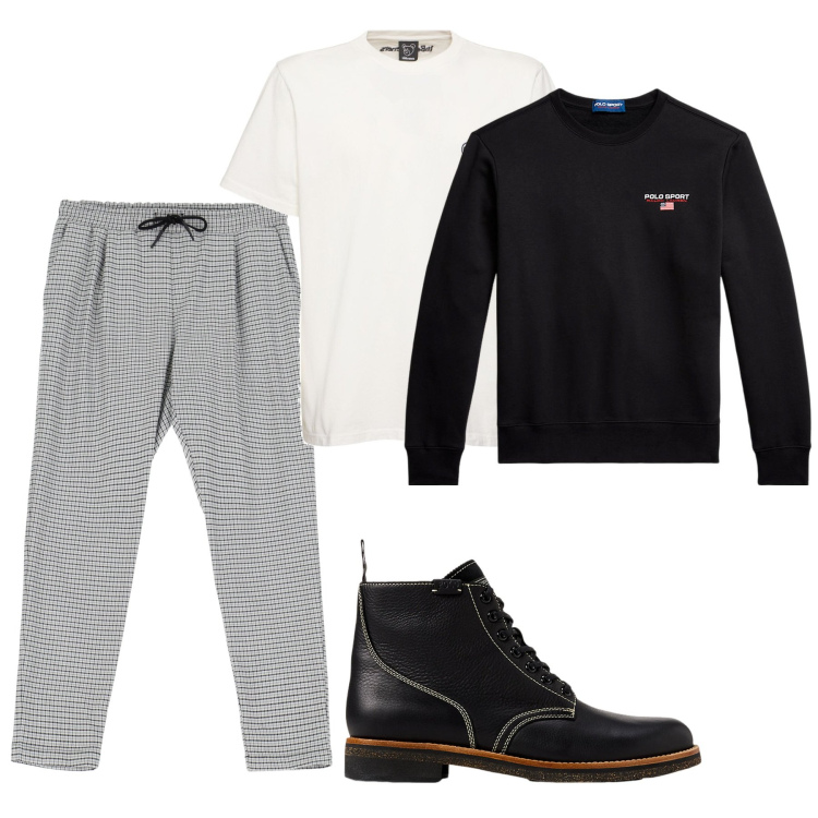 Outfit uomo - BeN. Stile Urban per Tutti i giorni. Abbinamento con pantaloni, stivali, felpe, t-shirt.