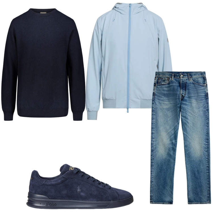 Outfit uomo - Denim every day. Stile Casual per Tutti i giorni. Abbinamento con giacche, sneakers, jeans dritti, maglieria.