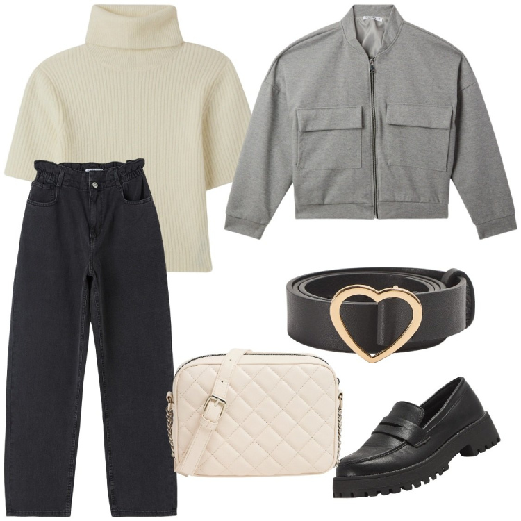 Outfit donna - Con il cuore. Stile Casual chic per Tutti i giorni. Abbinamento con maglieria, jeans, mocassini, cinture, borse a tracolla, bomber.