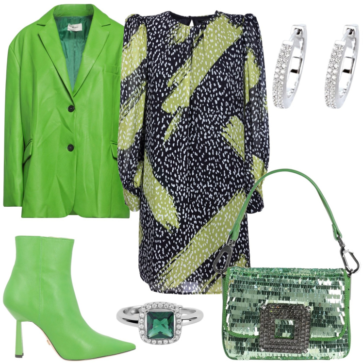 Outfit donna - La serata chic. Stile Glamour per Serata fuori. Abbinamento con stivaletti, blazer, borse a mano, anelli, orecchini, vestiti.