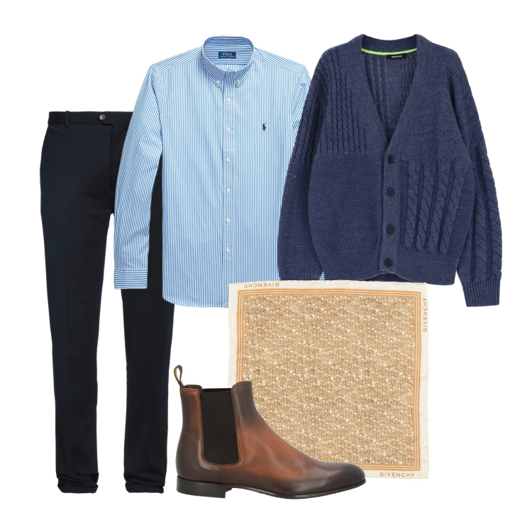 Outfit uomo - Cardigan very british. Stile Casual per Tutti i giorni. Abbinamento con stivali e stivaletti, sciarpe, pantaloni, cardigans, camicie.