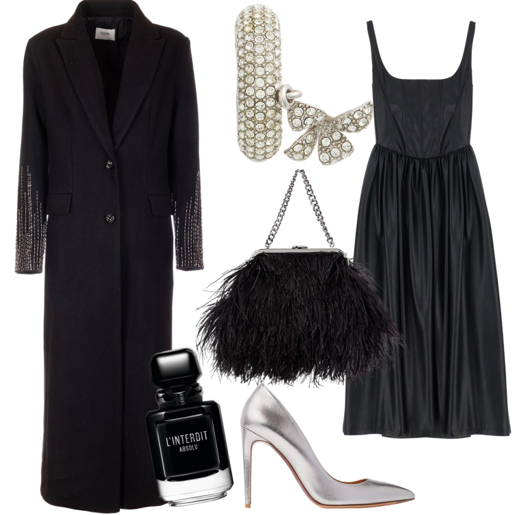 Outfit donna - Il cappotto da gran sera. Stile Glamour per Serata fuori. Abbinamento con profumi, cappotti, vestiti, décolleté, orecchini, clutch.