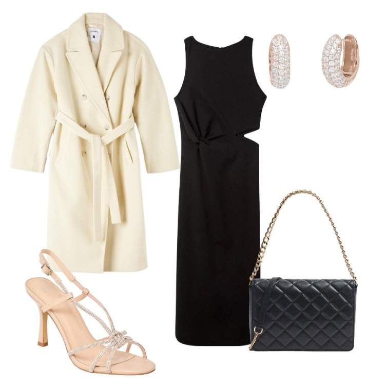 Outfit donna - Terranova - Black Friday. Stile Glamour per Serata fuori. Abbinamento con cappotti, vestiti lunghi, sandali col tacco, borse a tracolla, orecchini.