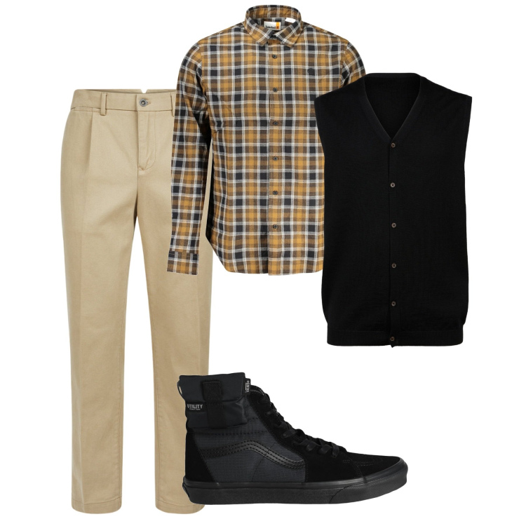 Outfit uomo - Quadretti. Stile Casual per Tutti i giorni. Abbinamento con sneakers alte, pantaloni, camicie, gilet.