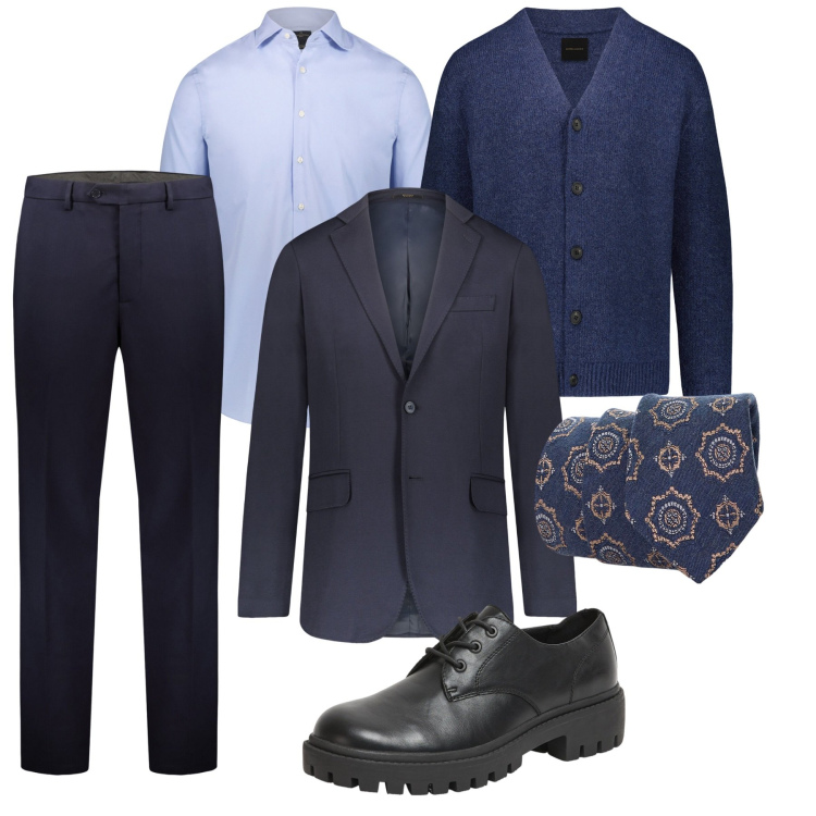 Outfit uomo - Cardigan e giacca. Stile Business/Elegante per Ufficio. Abbinamento con scarpe stringate, cravatte, cardigans, giacche, camicie, pantaloni.