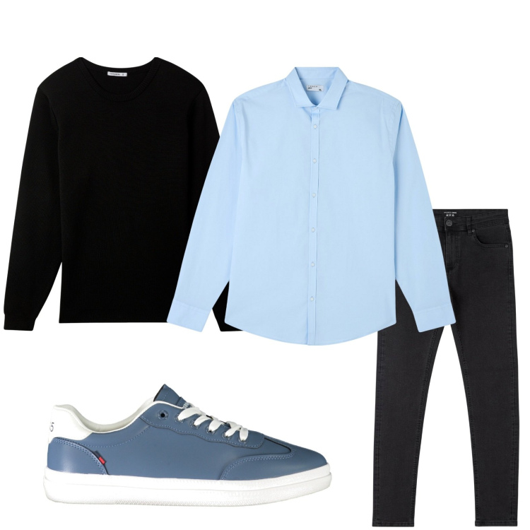 Outfit uomo - Solo blu. Stile Casual per Ufficio. Abbinamento con jeans skinny, camicie, maglieria, sneakers.