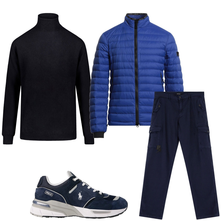 Outfit uomo - Blu classico. Stile Urban per Tutti i giorni. Abbinamento con piumini, pantaloni cargo, sneakers, maglieria.