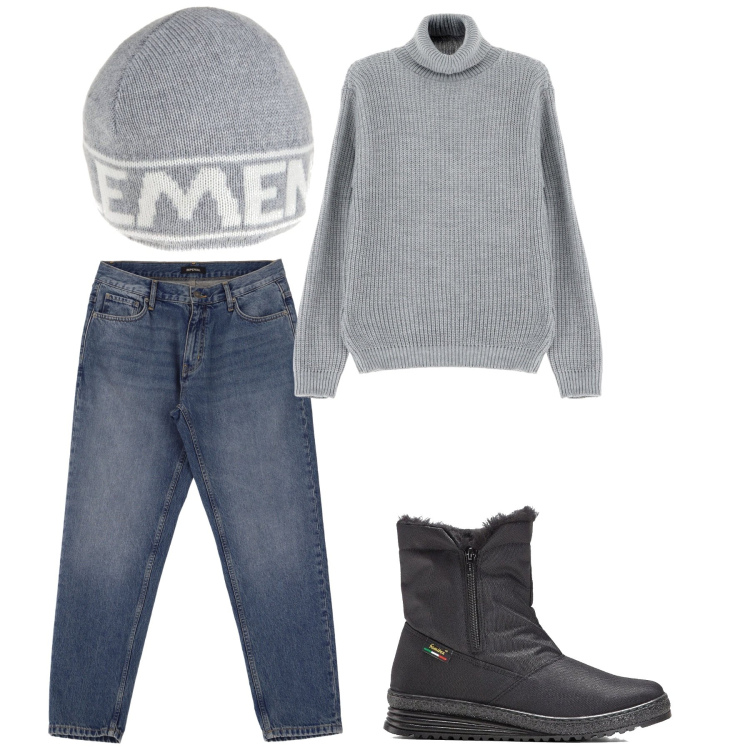 Outfit uomo - Grey look. Stile Casual per Tutti i giorni. Abbinamento con stivali e stivaletti, maglieria, jeans, berretti.
