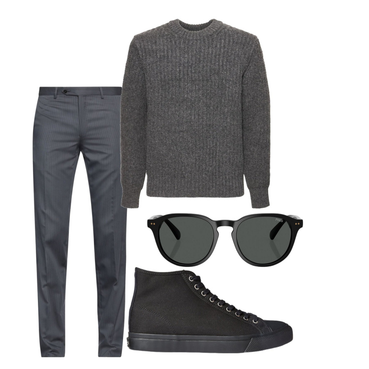 Outfit uomo - Fumo. Stile Casual per Tutti i giorni. Abbinamento con pantaloni, sneakers, occhiali da sole, maglieria.