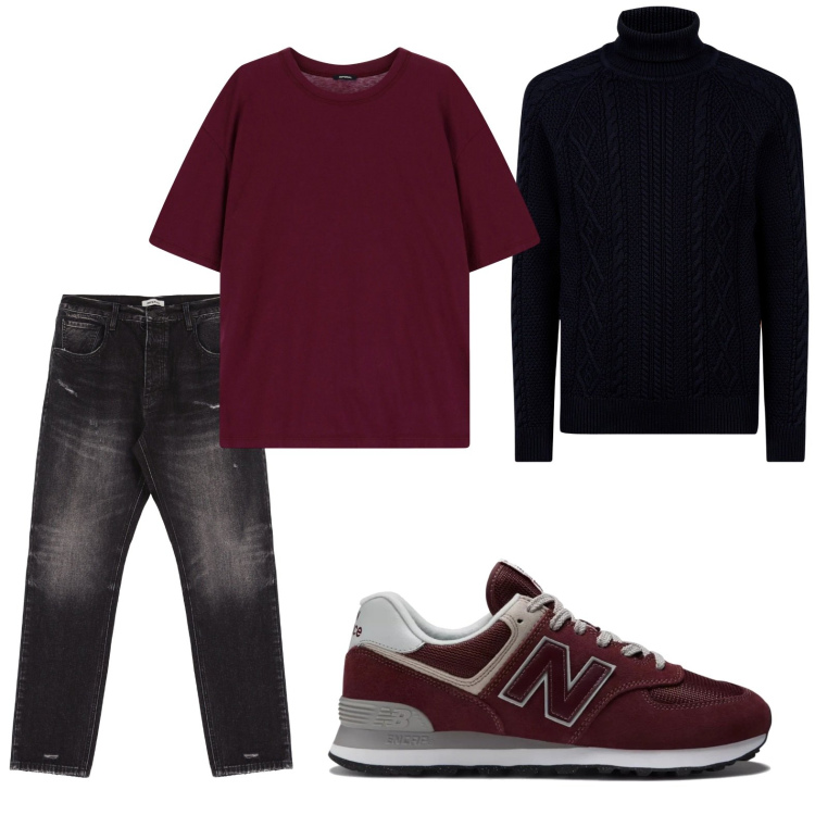 Outfit uomo - Mix bordeaux e nero. Stile Trendy per Tutti i giorni. Abbinamento con sneakers, t-shirt, jeans slim fit, maglieria.