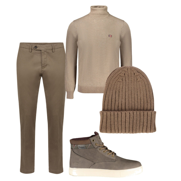 Outfit uomo - Comfy. Stile Casual per Tutti i giorni. Abbinamento con pantaloni chino, berretti, maglieria, stivali.