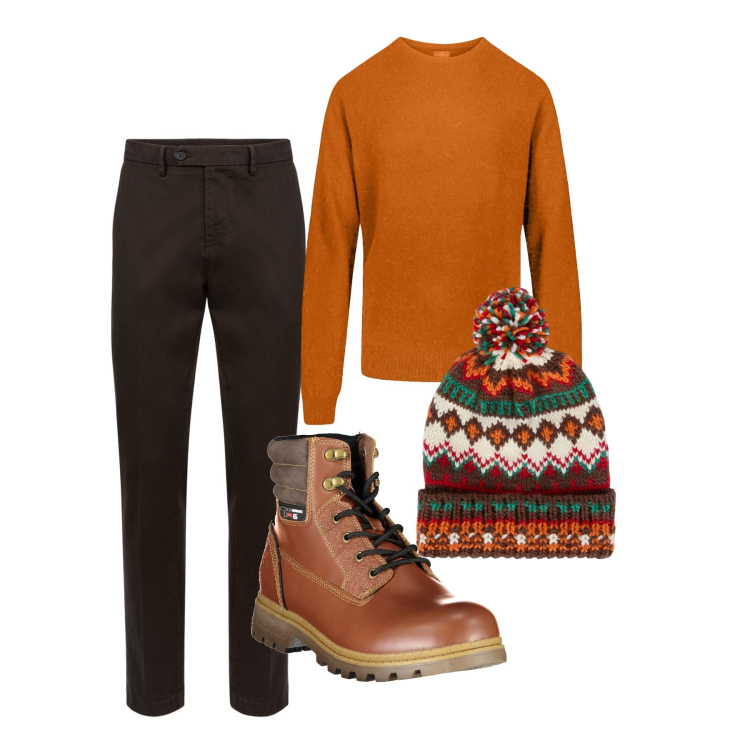 Outfit uomo - Toni caldi. Stile Casual per Tutti i giorni. Abbinamento con berretti, maglieria, pantaloni chino, stivali.