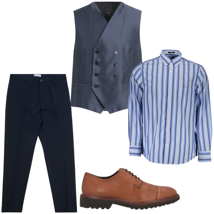 Outfit uomo - Righe e stringate. Stile Trendy per Ufficio. Abbinamento con gilet, scarpe stringate, pantaloni chino, camicie a manica corta.