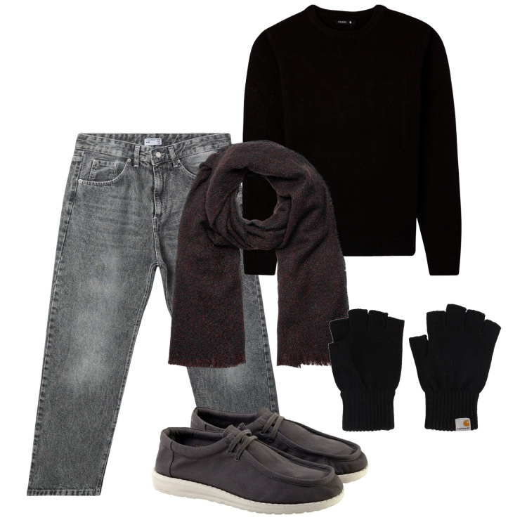 Outfit uomo - Mocassini e jeans. Stile Casual per Tutti i giorni. Abbinamento con jeans, maglieria, sciarpe, scarpe stringate, guanti.