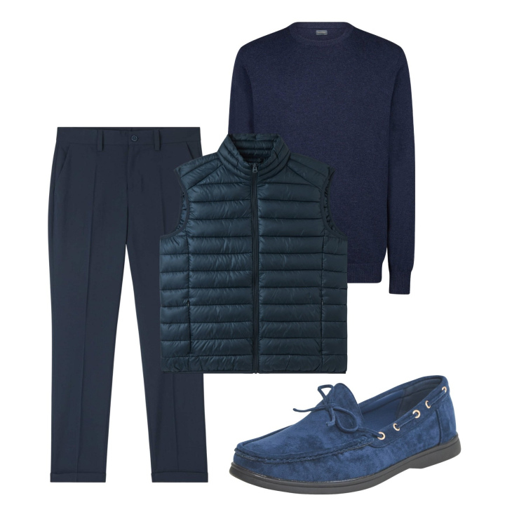 Outfit uomo - Blu classico. Stile Casual per Tutti i giorni. Abbinamento con gilet, pantaloni chino, scarpe stringate, maglieria.