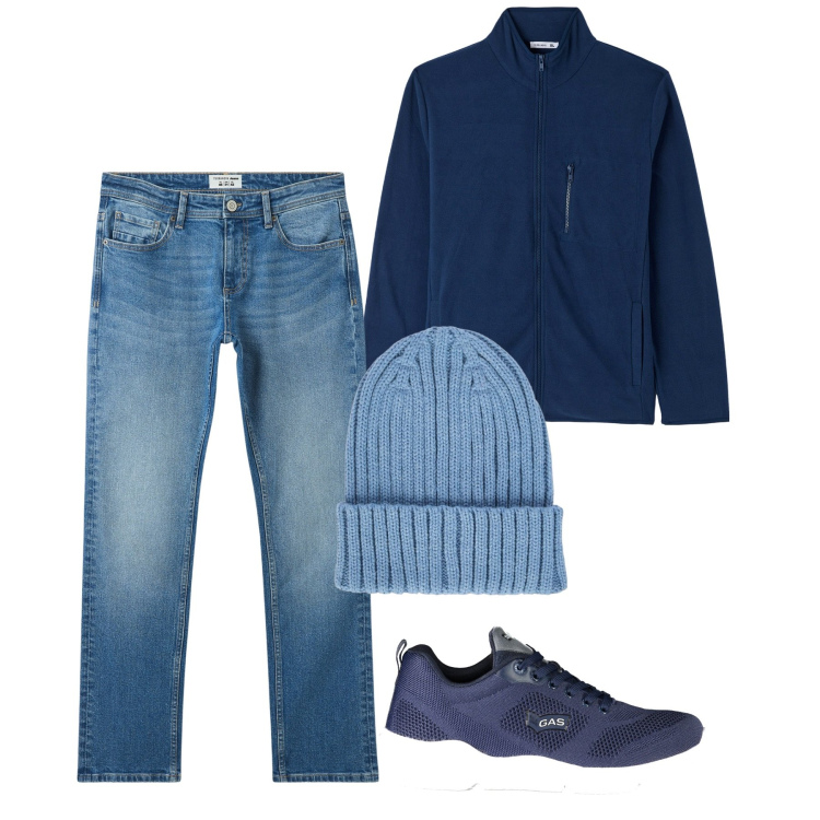 Outfit uomo - Azzurro. Stile Casual per Tutti i giorni. Abbinamento con jeans, felpe, berretti, sneakers.