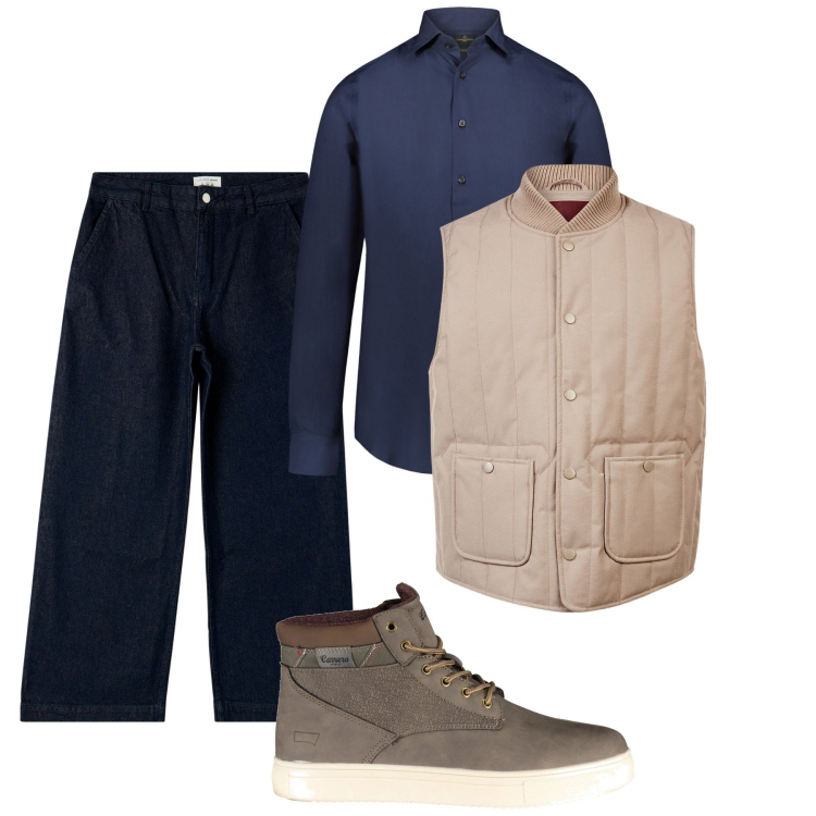 Outfit uomo - Blu e nocciola. Stile Casual per Tutti i giorni. Abbinamento con jeans, camicie, piumini, stivali.