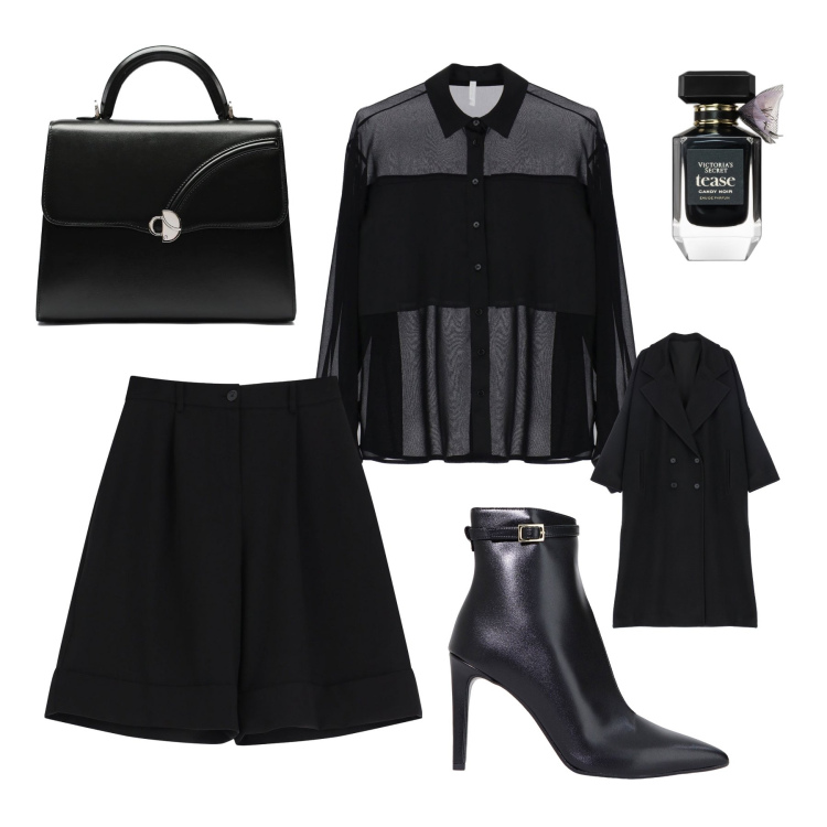 Outfit donna - Di nero vestita. Stile Glamour per Serata fuori. Abbinamento con profumi, bermuda, camicie, stivaletti, cappotti, borse a mano.