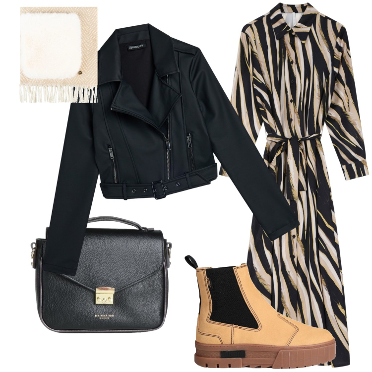 Outfit donna - Di corsa in ufficio. Stile Urban per Ufficio. Abbinamento con stivaletti chelsea, borse a mano, sciarpe, vestiti lunghi, giacche.