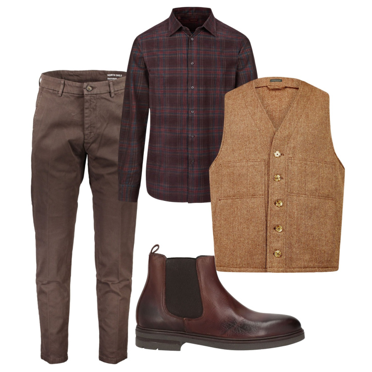 Outfit uomo - In centro casual. Stile Casual per Tutti i giorni. Abbinamento con stivali e stivaletti, gilet, pantaloni, camicie.
