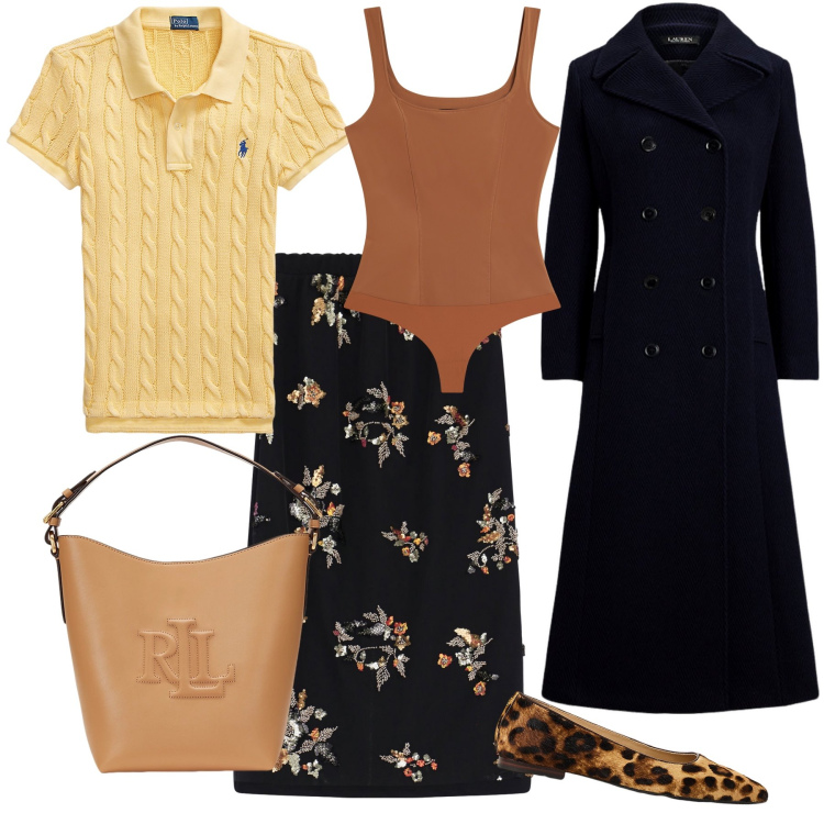 Outfit donna - Total look. Stile Urban per Tutti i giorni. Abbinamento con gonne, body, cappotti, polo, ballerine, borse a secchiello.
