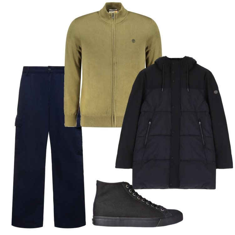 Outfit uomo - Novembre. Stile Casual per Tutti i giorni. Abbinamento con piumini, sneakers, pantaloni cargo, cardigans.