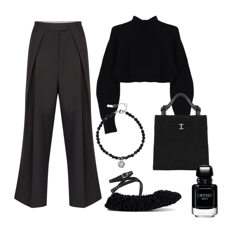 Outfit donna - Nero diurno. Stile Urban per Tutti i giorni. Abbinamento con profumi, braccialetti, maglieria, shopping bag, pantaloni, ballerine.