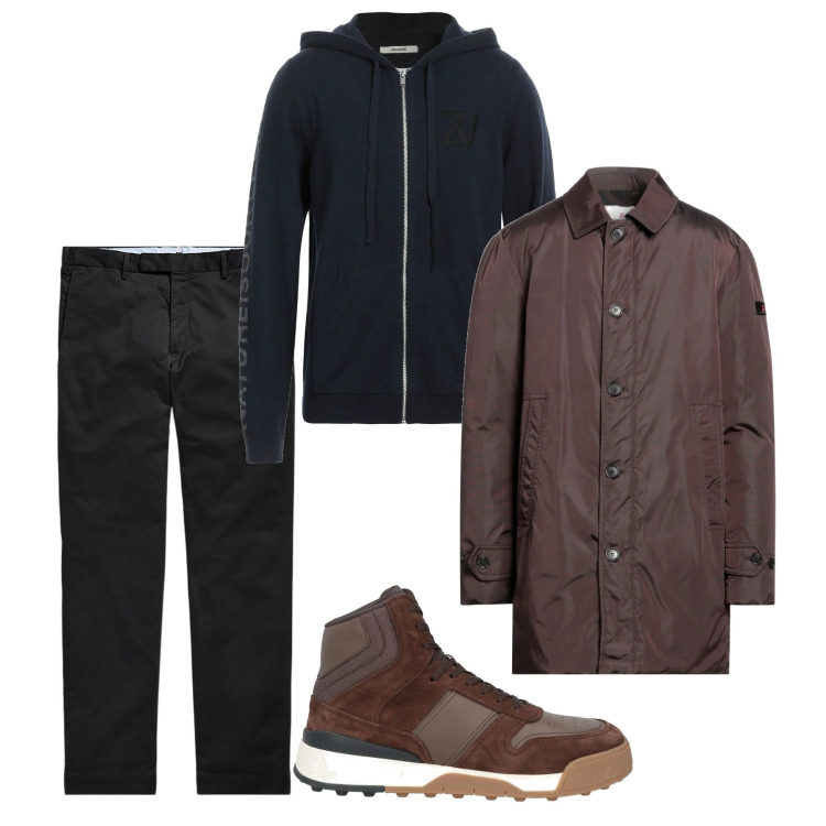 Outfit uomo - Novembre. Stile Casual per Tutti i giorni. Abbinamento con sneakers alte, piumini, cardigans, pantaloni chino.