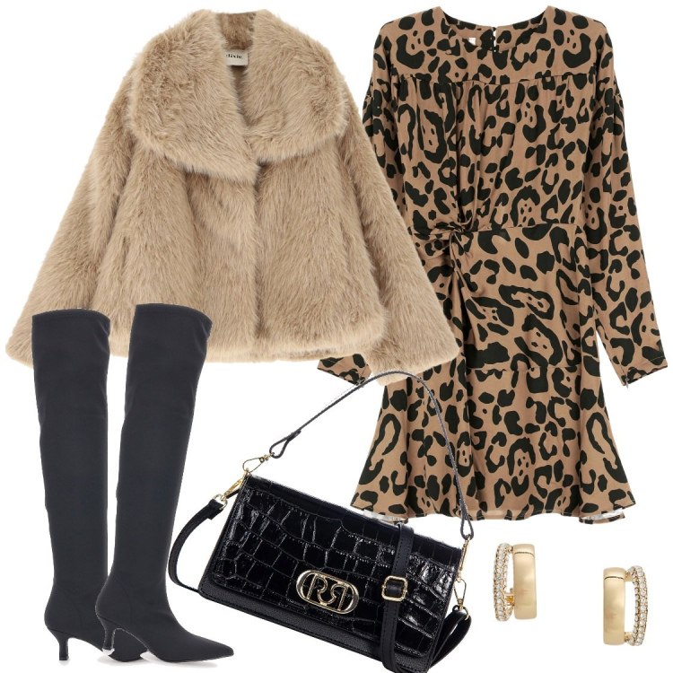 Outfit donna - Cena importante. Stile Glamour per Serata fuori. Abbinamento con borse a tracolla, vestiti corti, ecopellicce, orecchini, stivali.