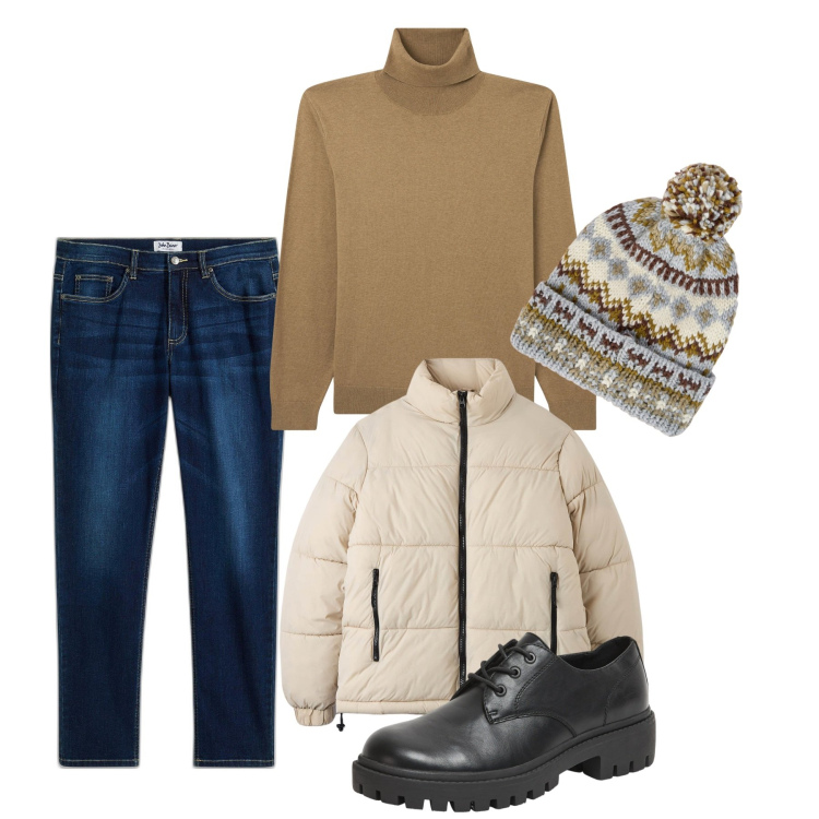 Outfit uomo - Dolcevita nocciola. Stile Casual per Tutti i giorni. Abbinamento con jeans, maglieria, piumini, scarpe stringate, berretti.