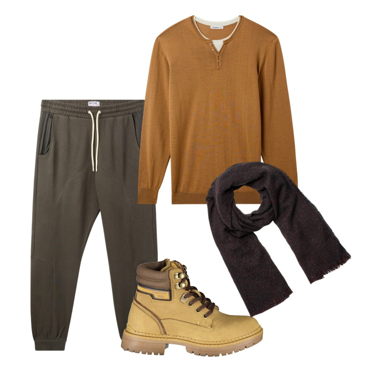 Outfit uomo - Weekend. Stile Casual per Tutti i giorni. Abbinamento con pantaloni, maglieria, sciarpe, stivali.